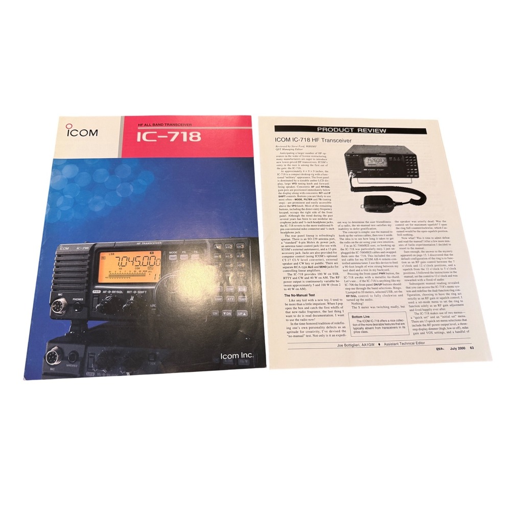 Icom IC-718 HF All Band Transceiver Original Brochure & QST Product Review 2000